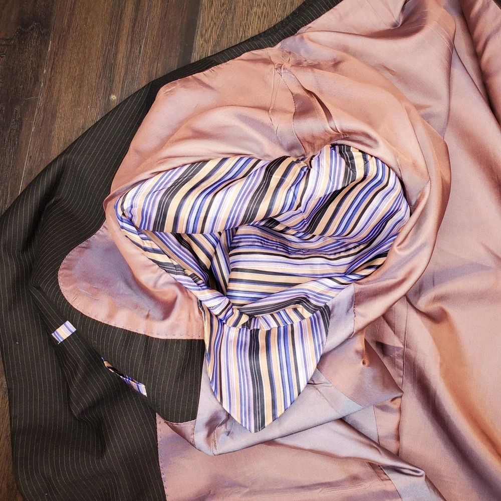 Billy London Mens Sport Coat 40L Black Pinstripe Poly Blend Blazer Jacket 2 Vent